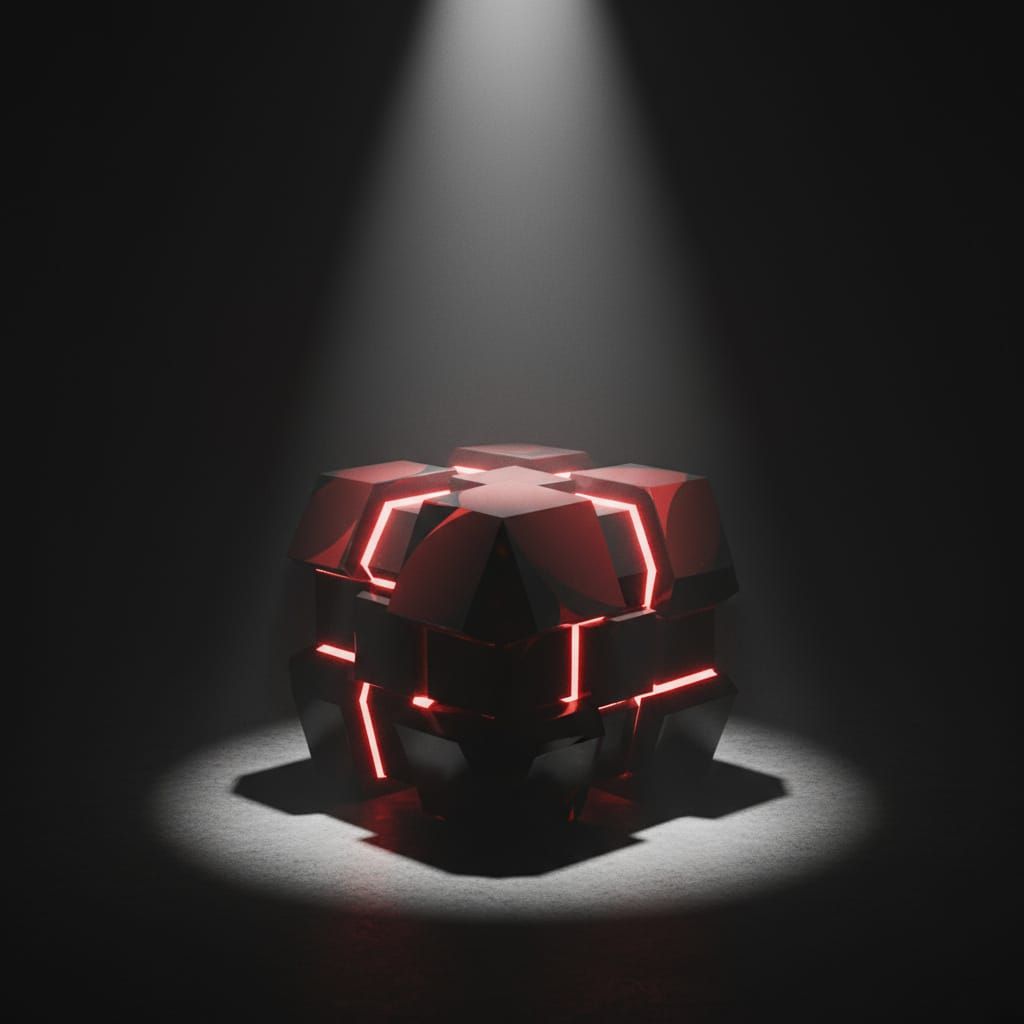 Sleek Red and Black Obsidian Cube in Dramatic Spotlight