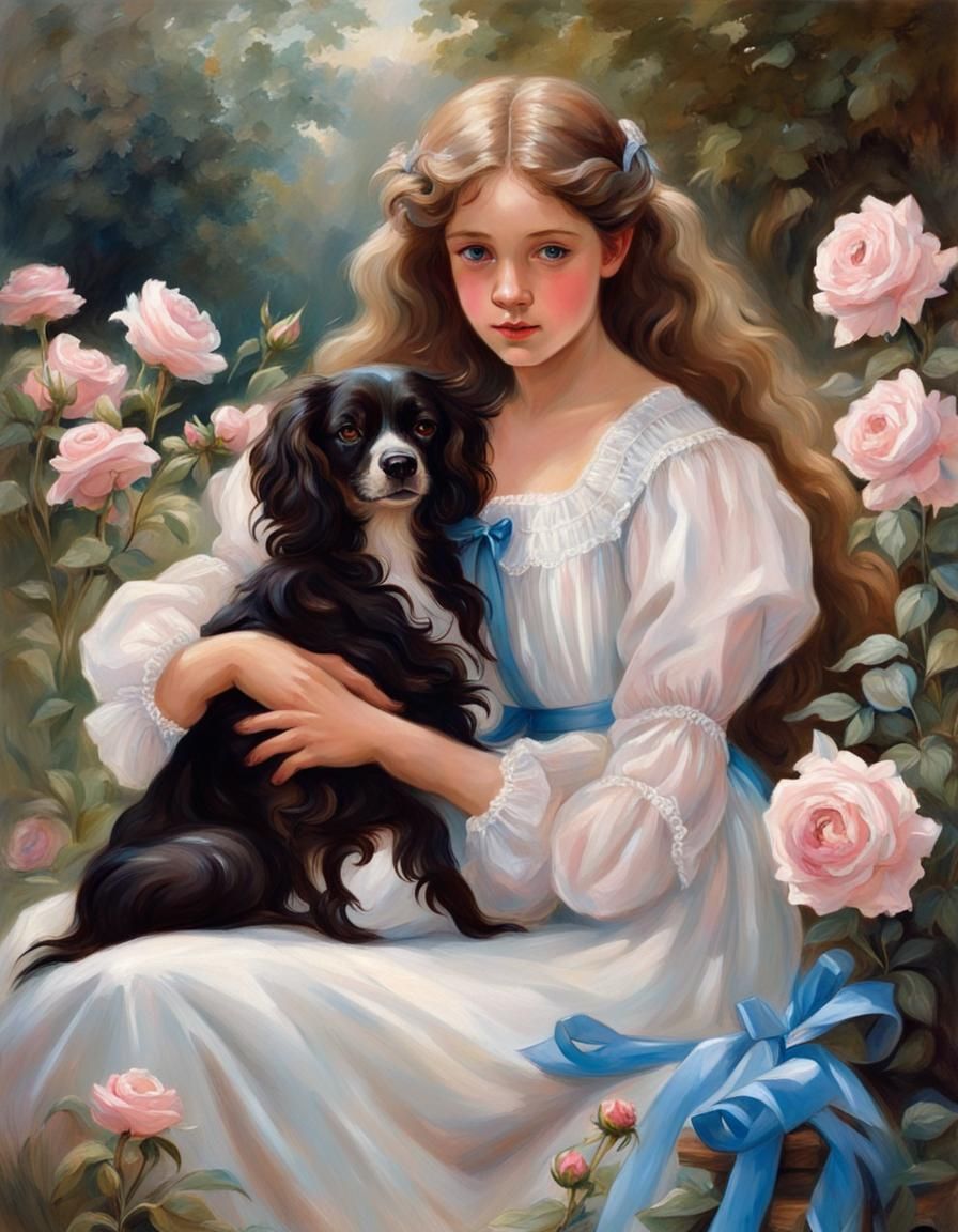 Girl with Dog in Rose Garden Painting