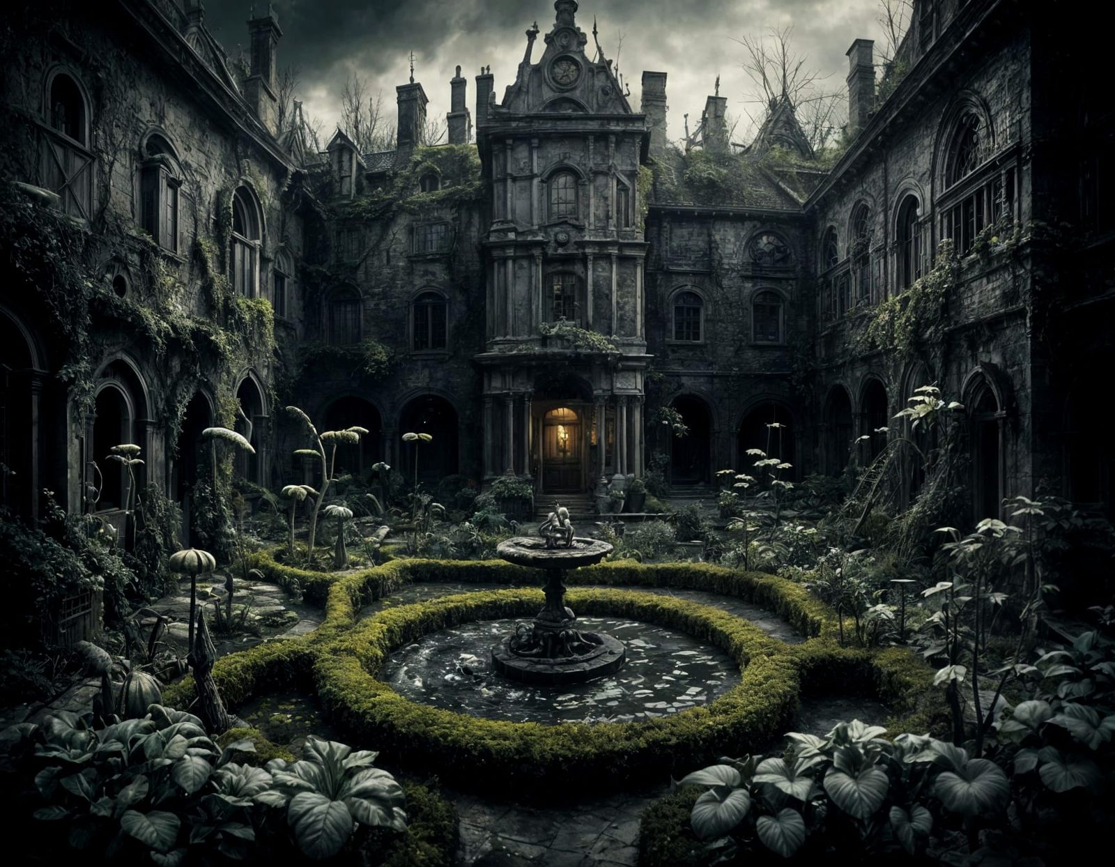 Creepy Surrealist Garden Scene in Dark Style