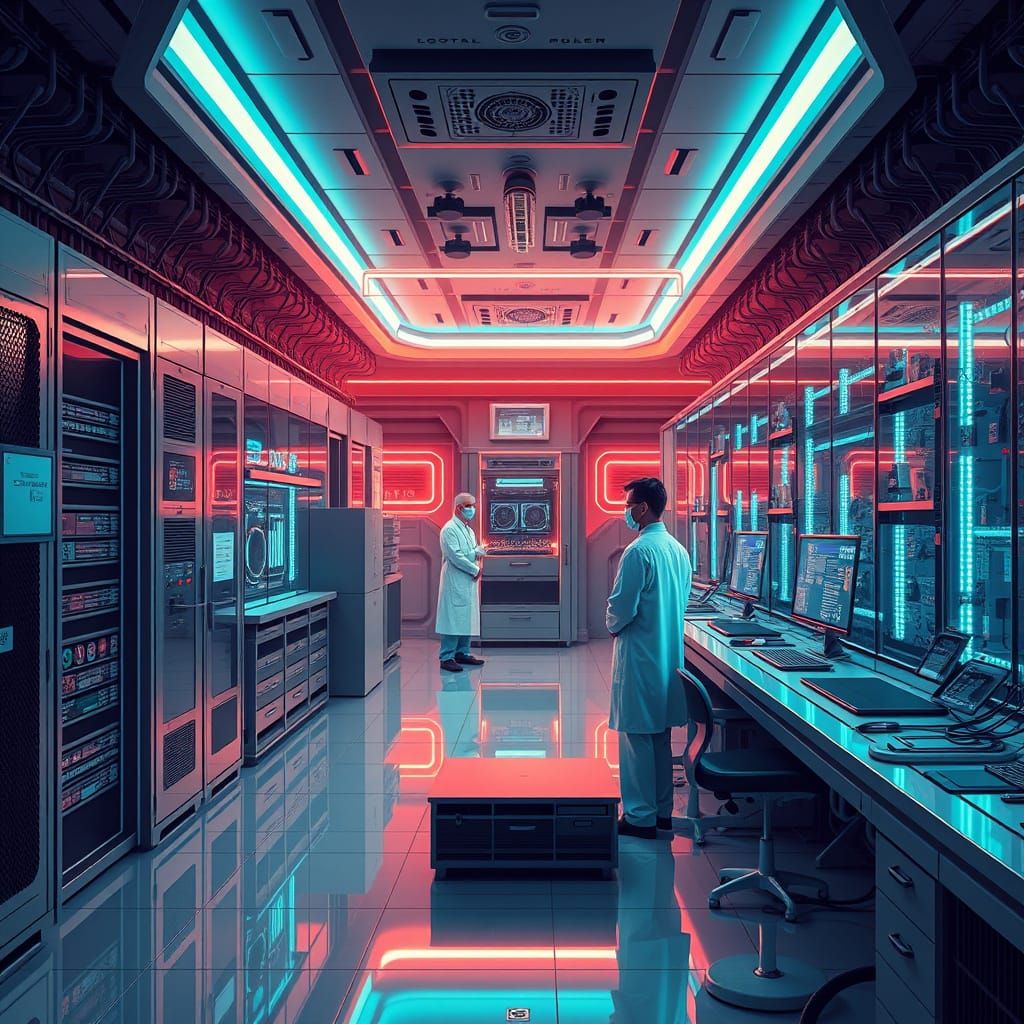 Futuristic AI Lab in Dystopian Digital Art Style