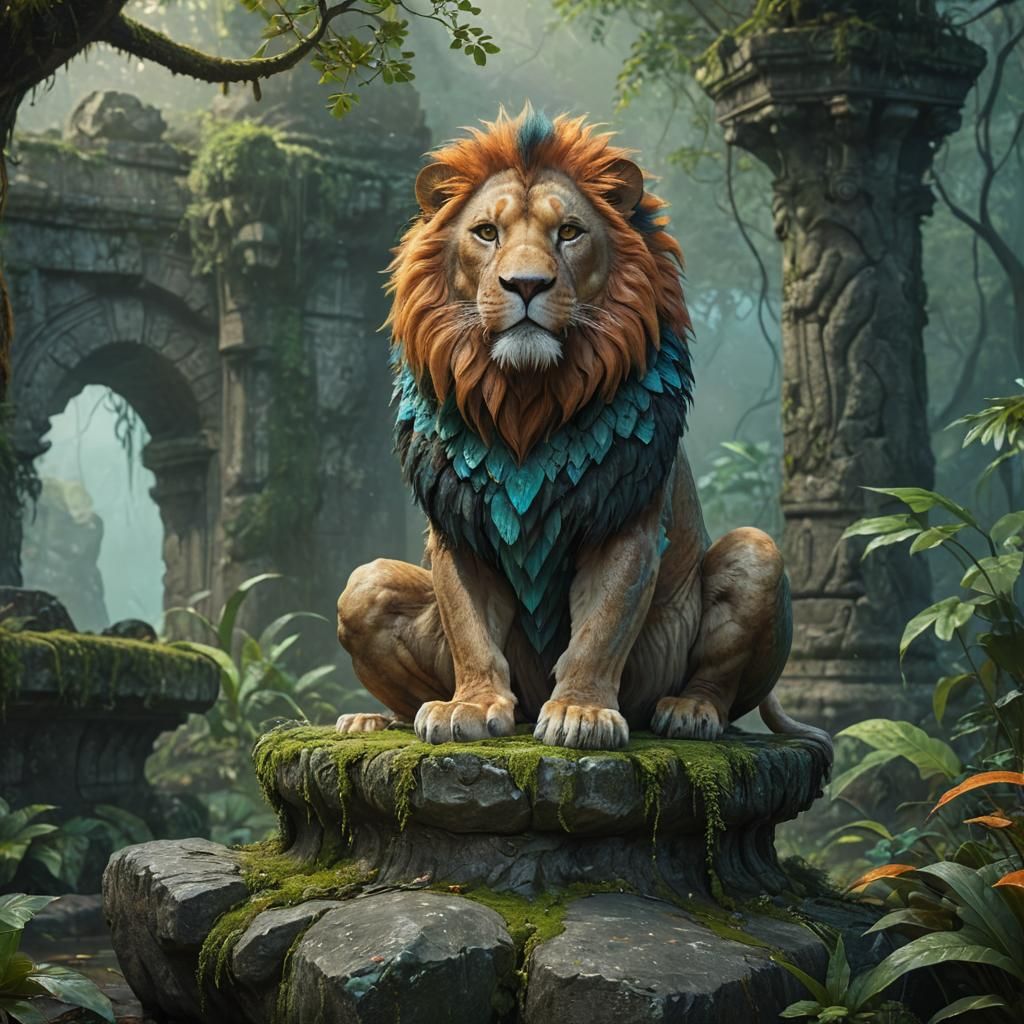 Lion-Cucumber Hybrid on Jungle Pedestal: Fantasy Art