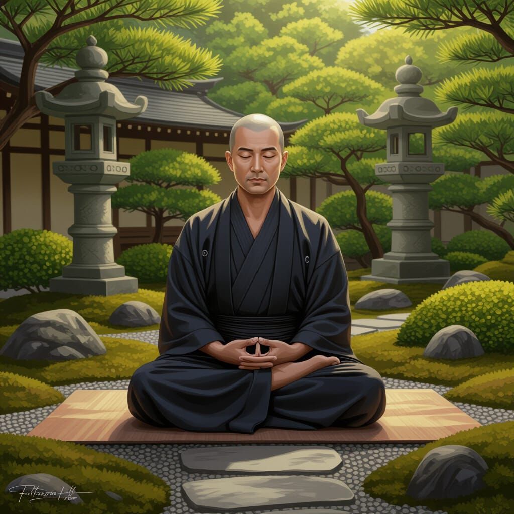 Zen Monk Meditating in Serene Japanese Garden