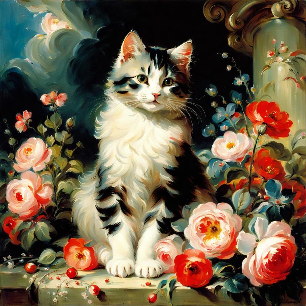 Cute Cat Surrounded by Flowers in Romantic Style