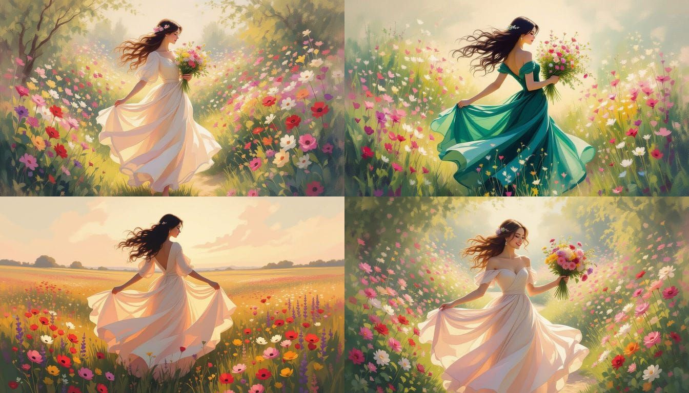 Graceful Lady Spinning in Flower Garden Painting
