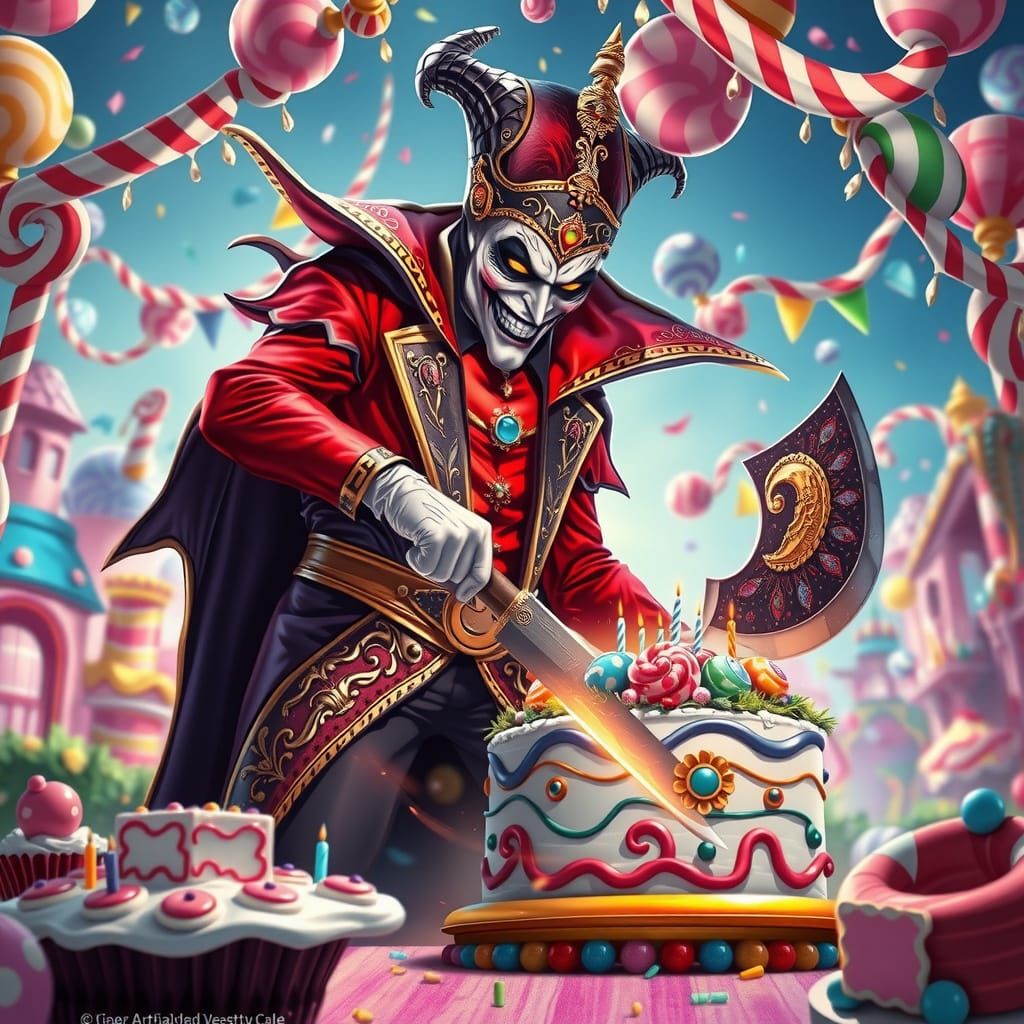 Villain Cuts Cake with Candy Axe in Candyland