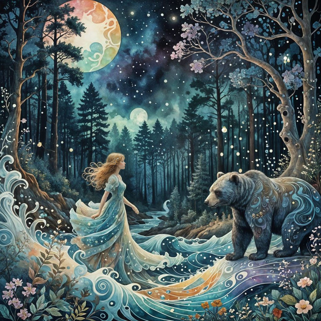 Art Nouveau Fairytale: Girls Meet Bear in Forest