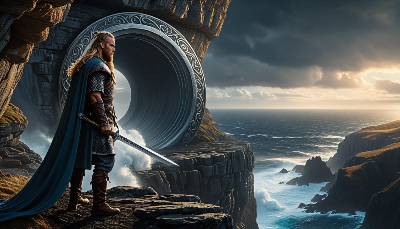 Viking Warrior at Portal on Cliffside in Ethereal Light