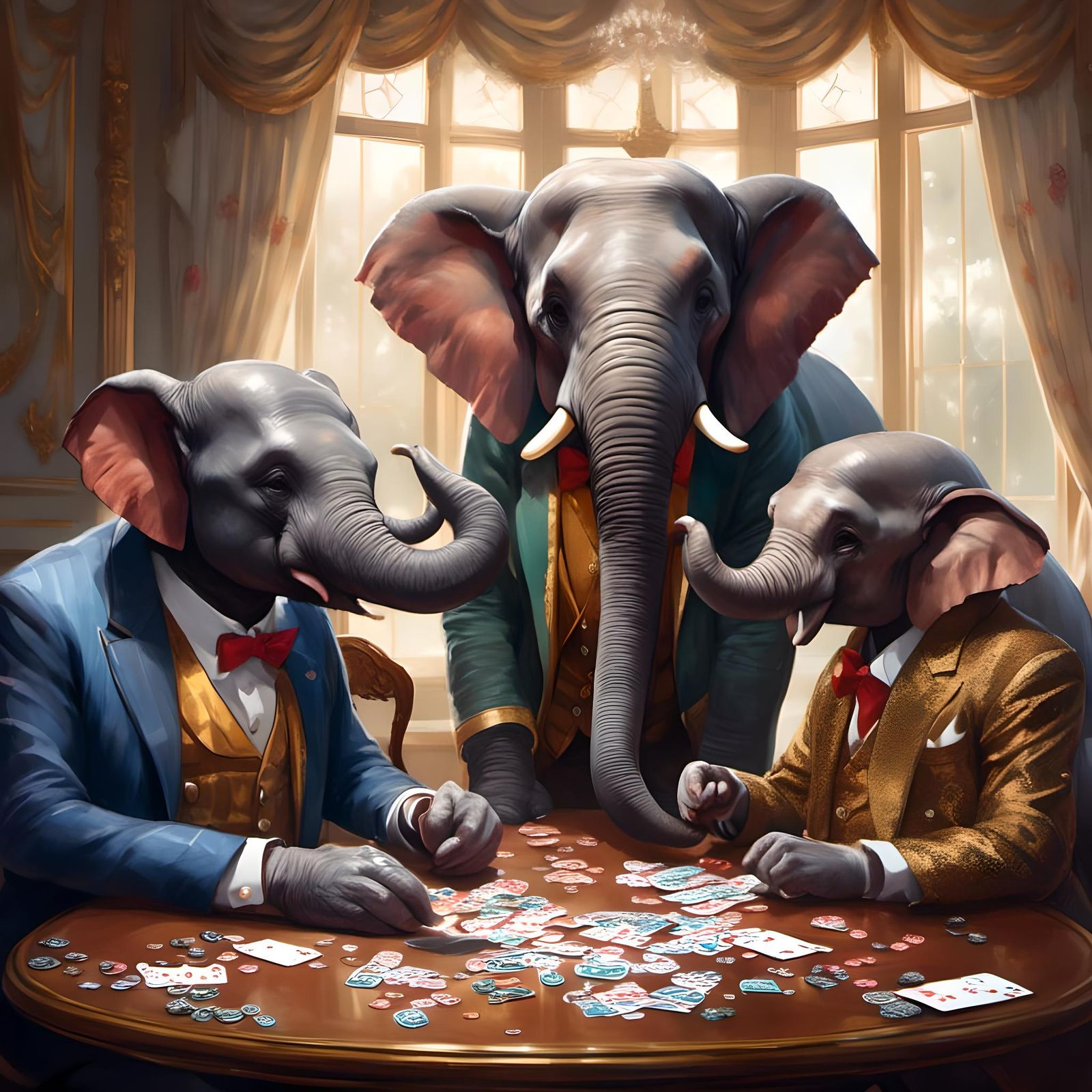 Elephants Playing Bridge in Cartoon Style