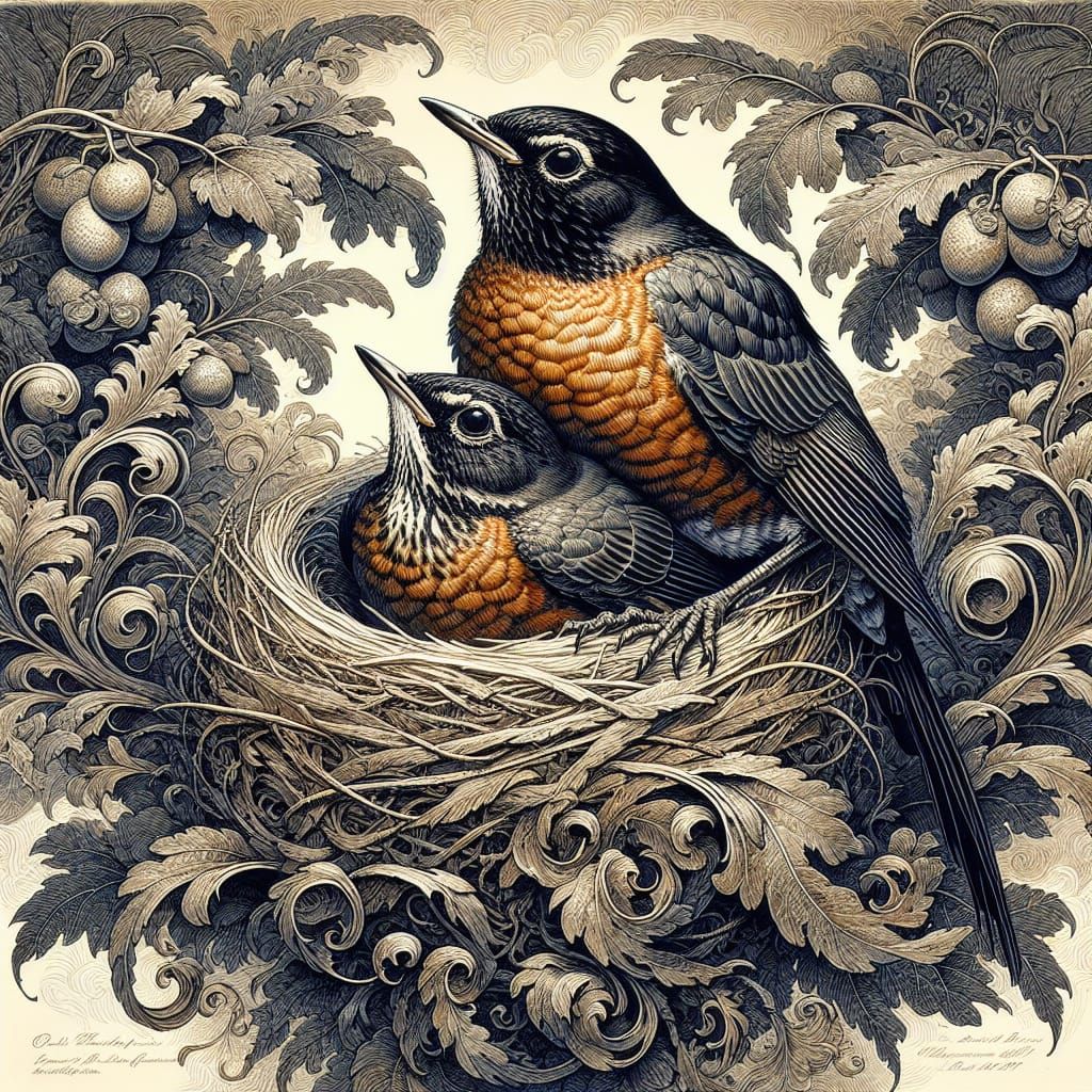 Proud Robin Couple Awaits Hatching, Watercolor Painting