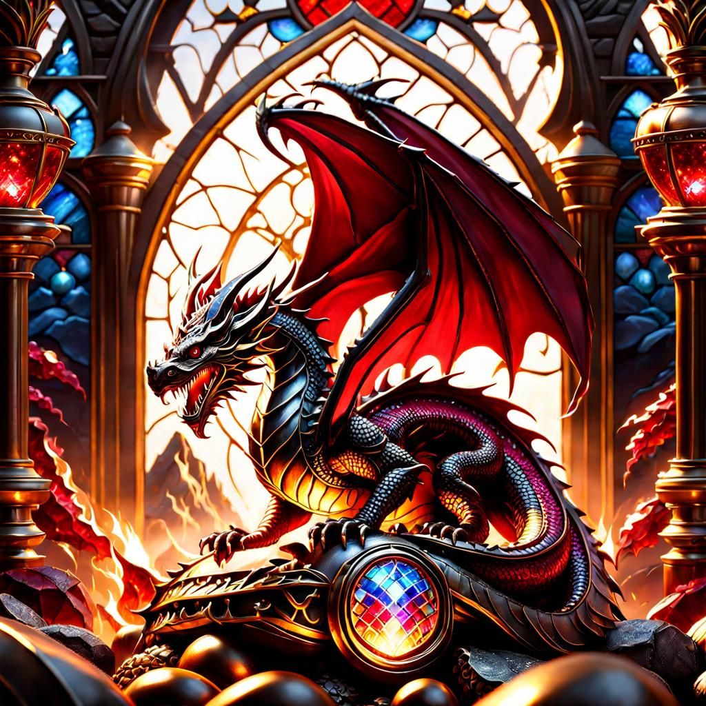 Red Dragon with Ruby Gemstones and Gold Hoard