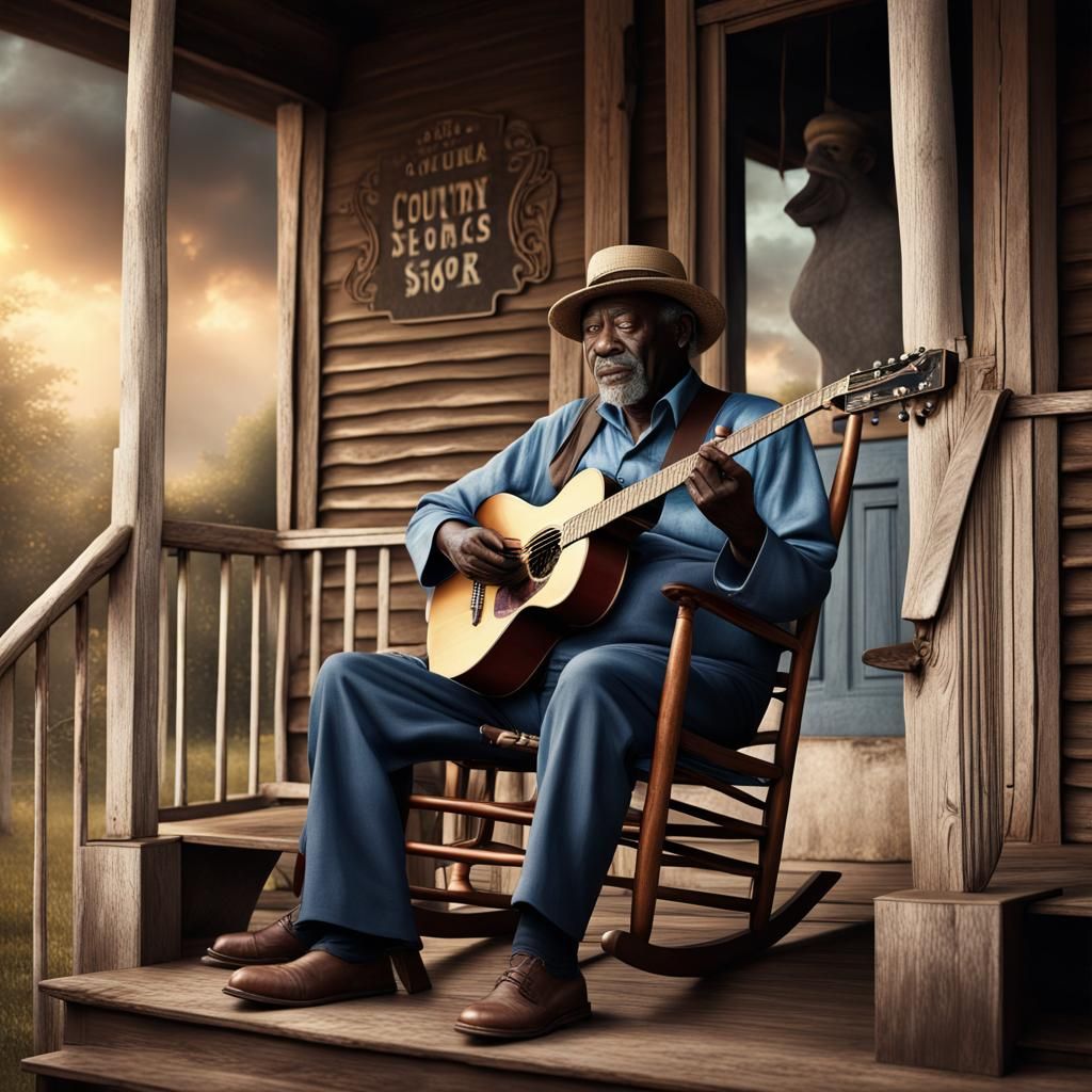 Blues Man Plays Guitar on Country Porch