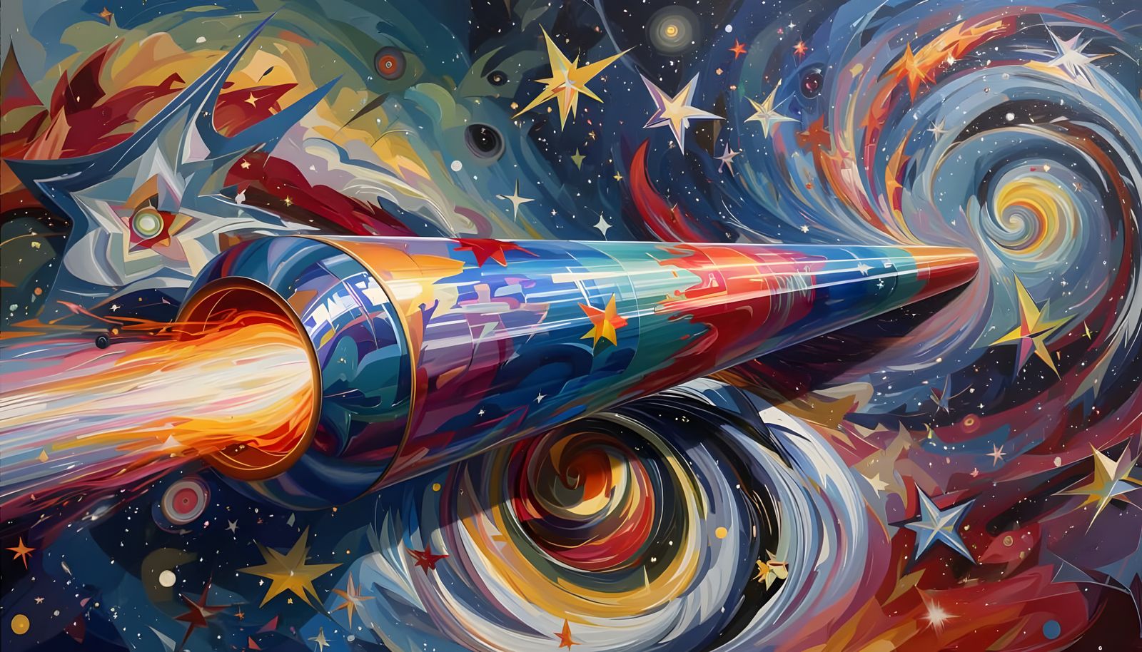 Sleek Mirror Cylinder with Iridescent Exhaust in Vortex Back...