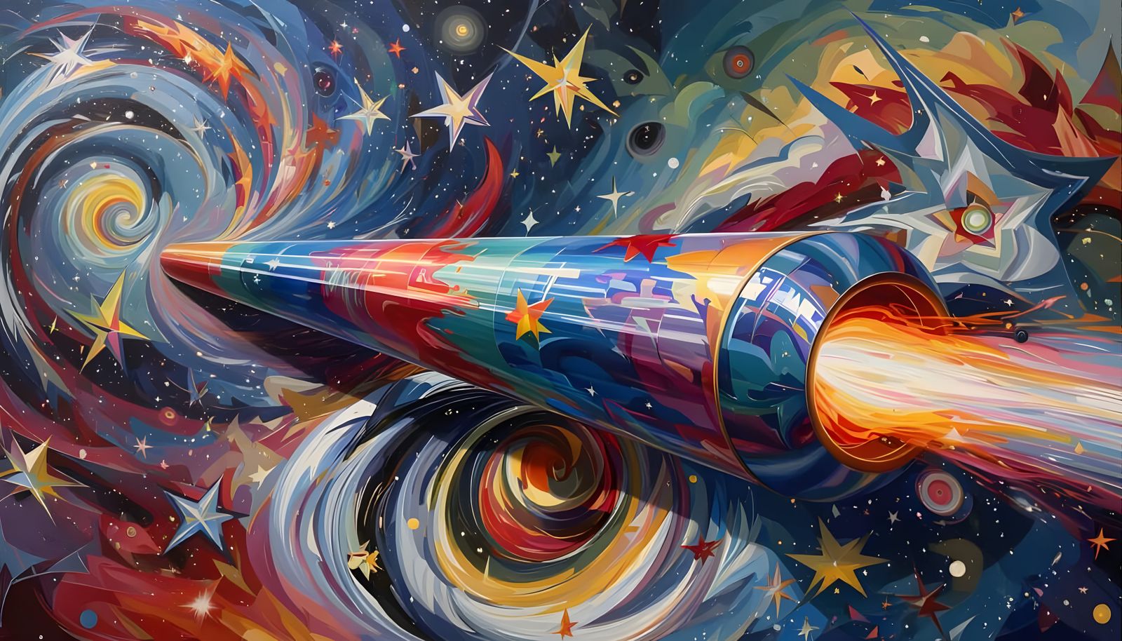 Sleek Mirror Cylinder with Iridescent Exhaust in Cosmic Vort...