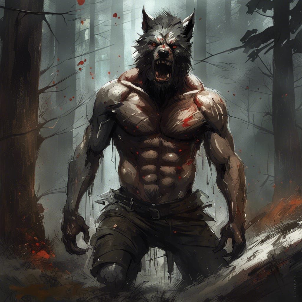 Ferocious Wolfman Portrait in Dark Style