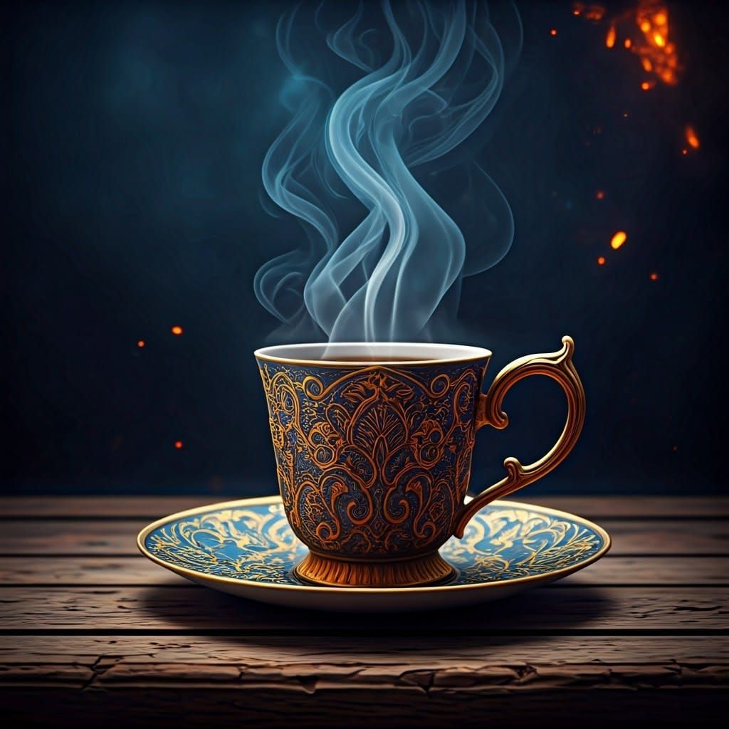 Majestic Coffee Cups in a Smoky, Fantastical World
