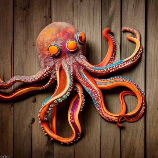Colorful Octopus Sculpture in Mixed Media Assemblage