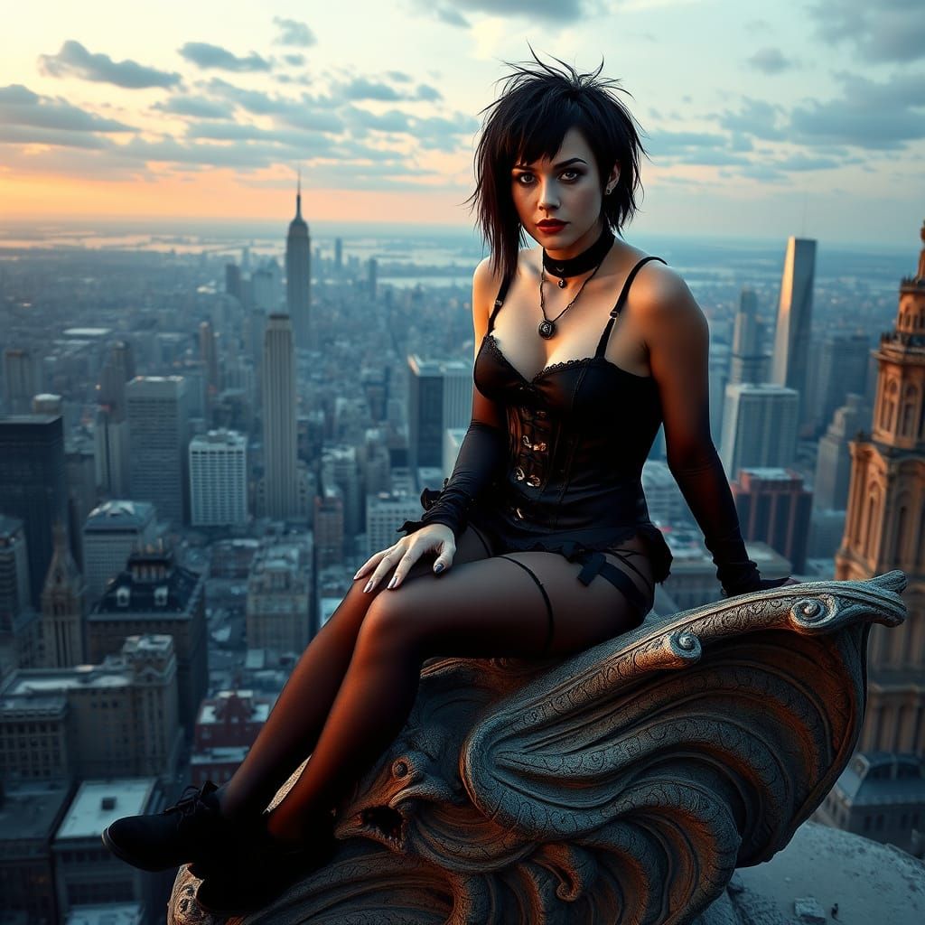 Gothic Woman on Gargoyle at Twilight in Victorian Cityscape