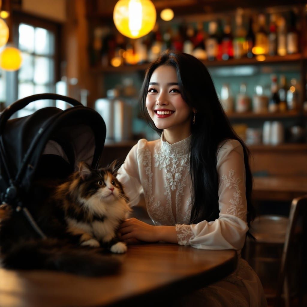 Elegant Young Woman Dines in Cozy American Tavern