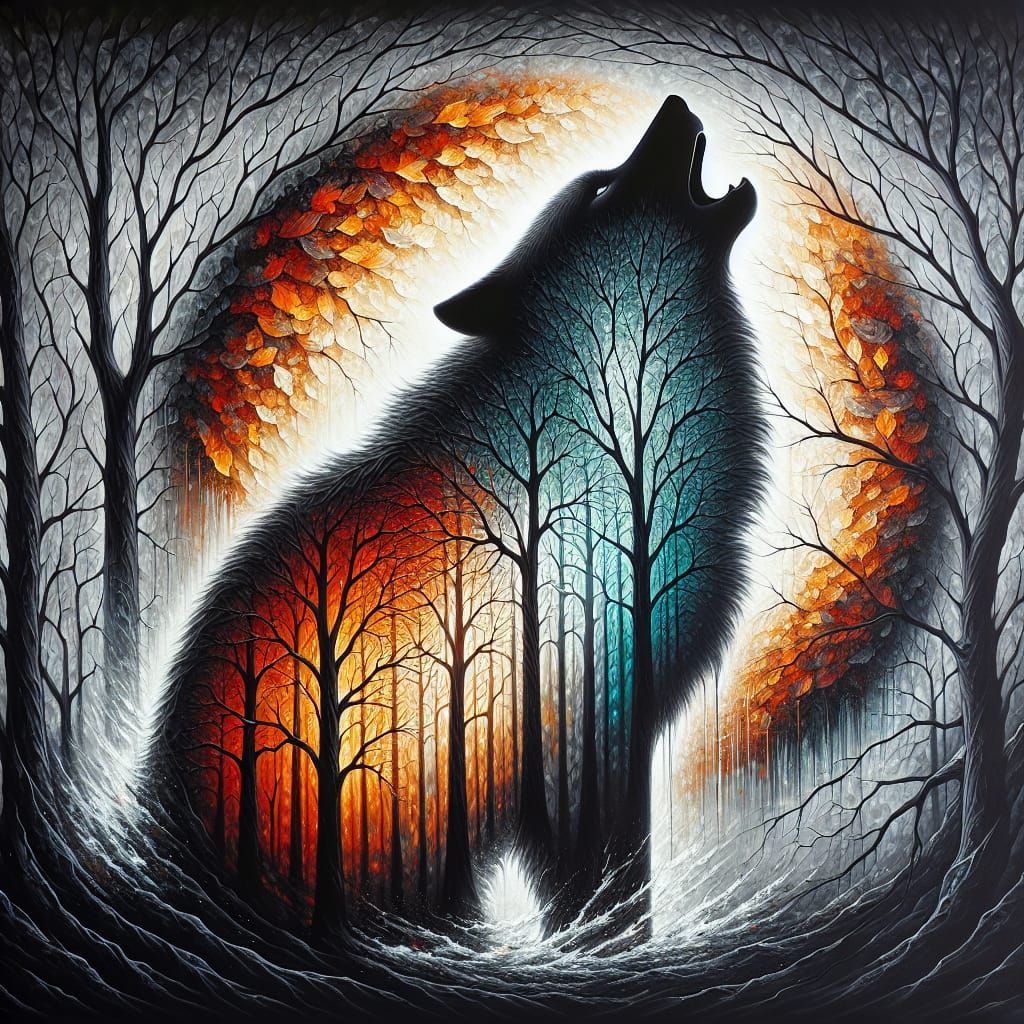 Howling Wolf Silhouette in Autumnal Oil Painting