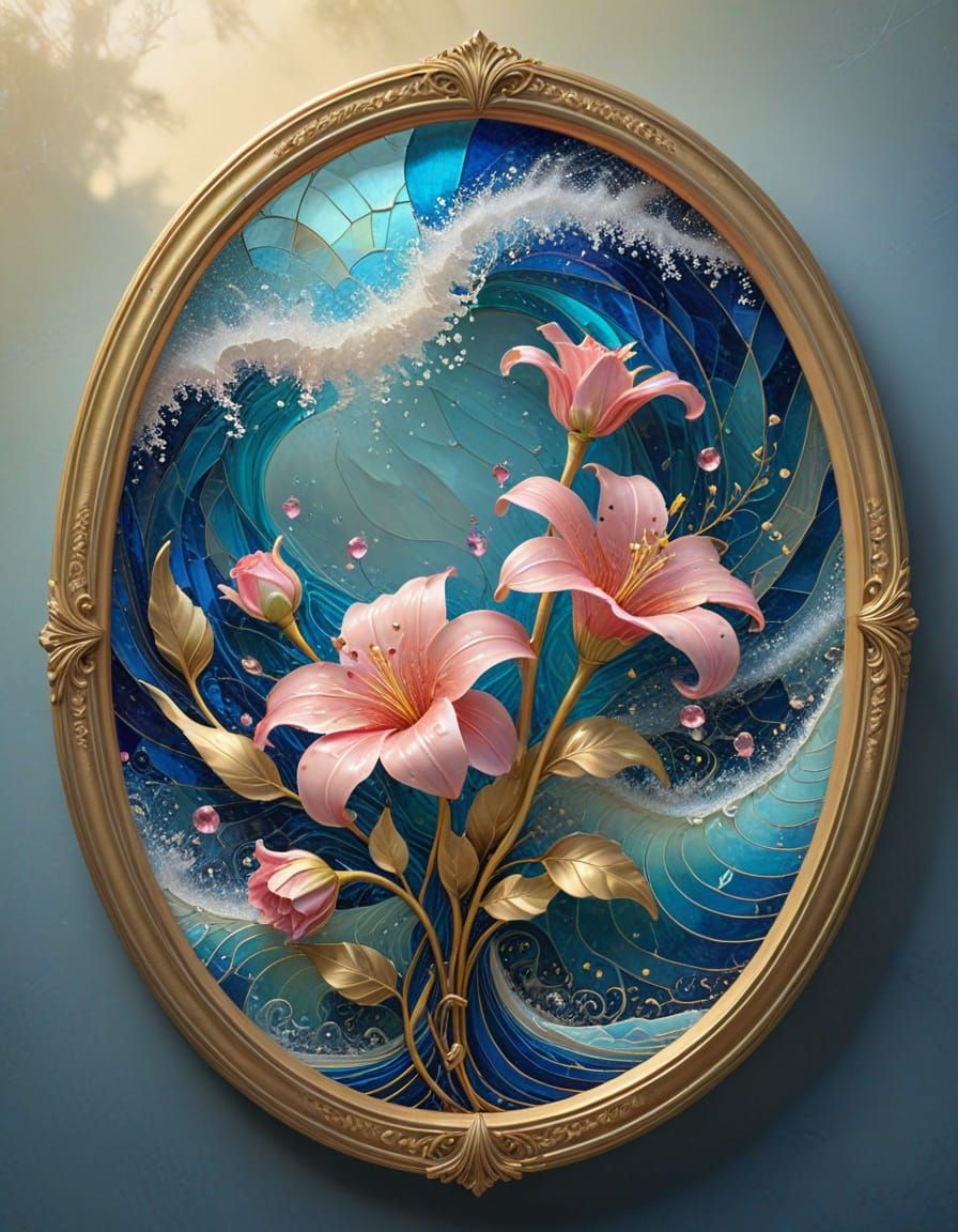 Oval Stained Glass Artwork of Pink Angelina Flowers in Gold ...