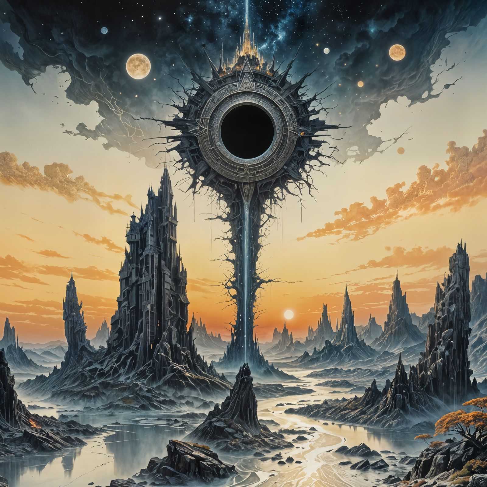 Surreal Dreamscape: Alcohol Ink, Hyperdetailed Dark Fantasy