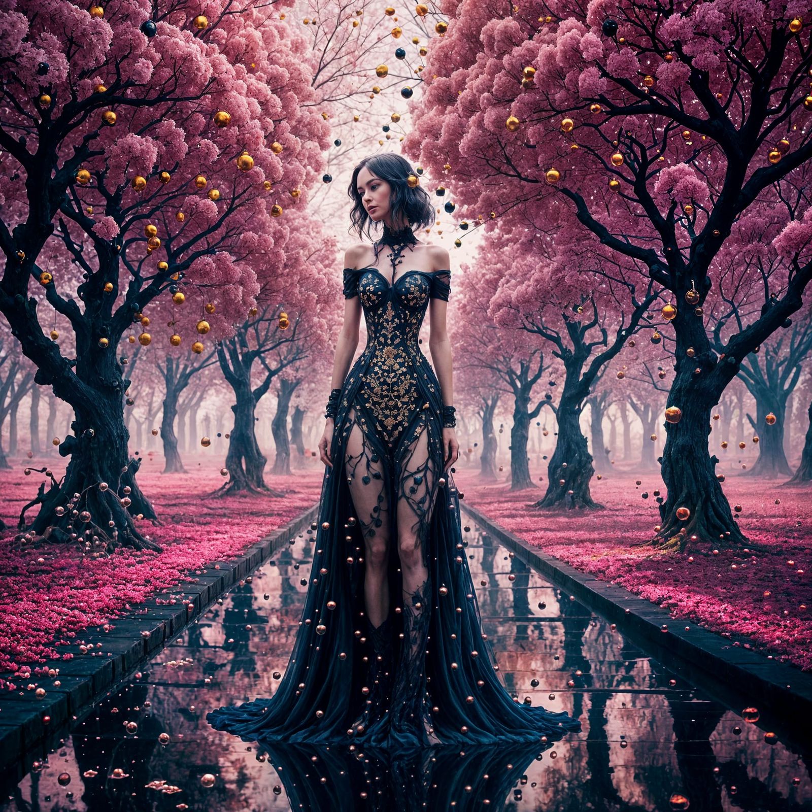 Woman in Lace Dress in Cherry Blossom Avenue