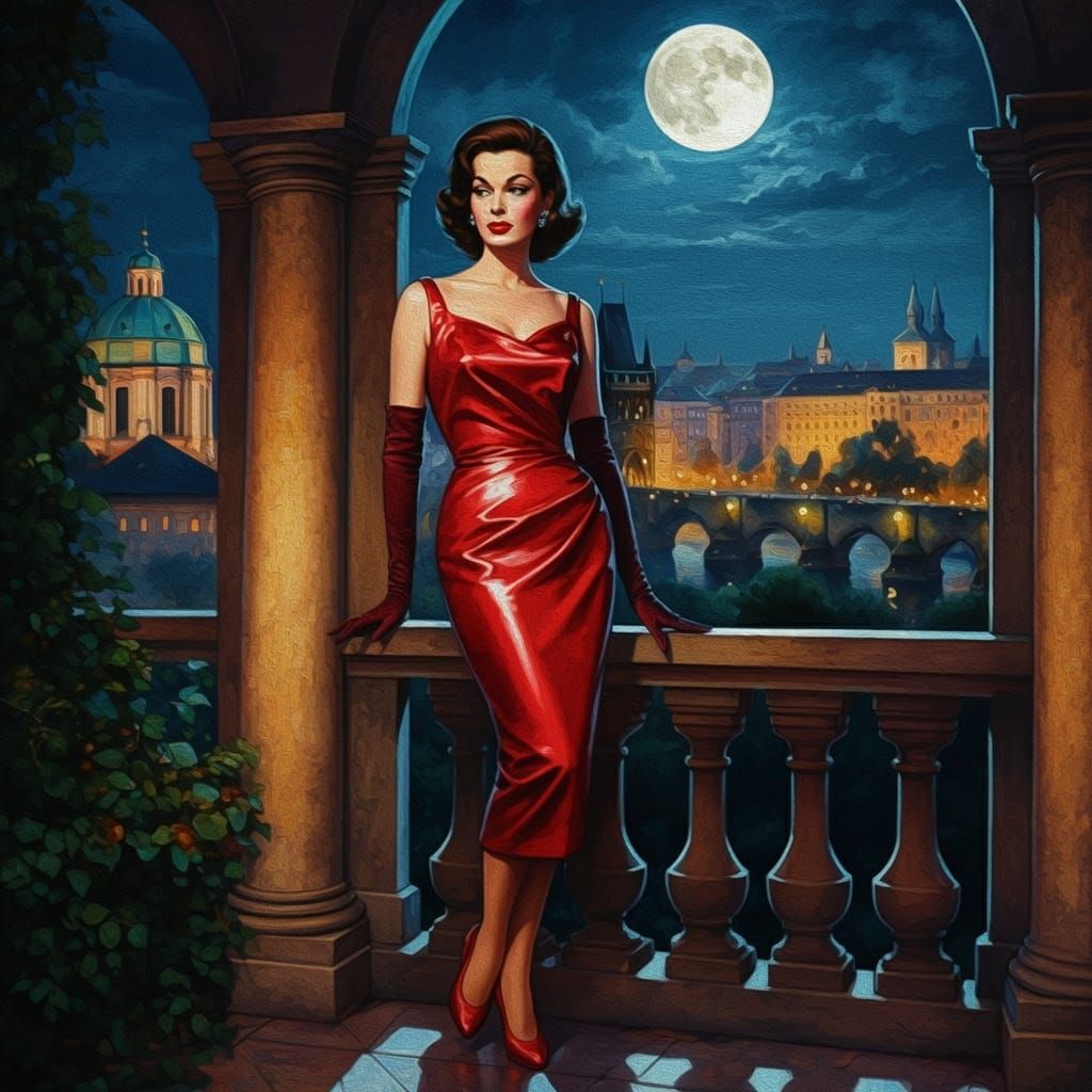 Elegant Woman on Balcony, Impressionistic Oil Painting