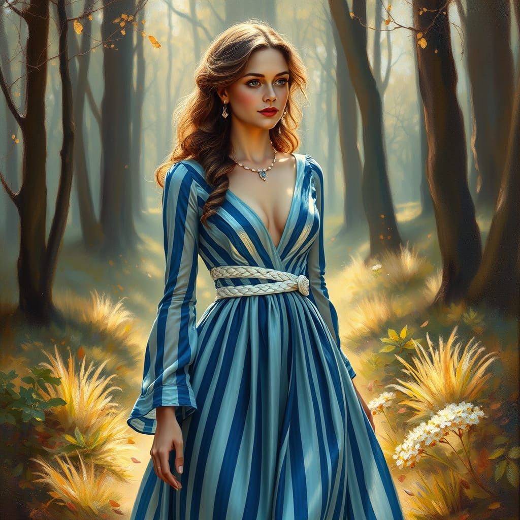 In the style of Jean Baptiste Monge and Josephine Wall. Highly detailed oil paint with shiny texture. A young elegant wo...