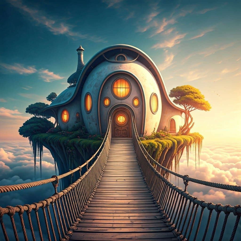 Ethereal Floating Mansion with Rope Bridge in Whimsical Cybe...