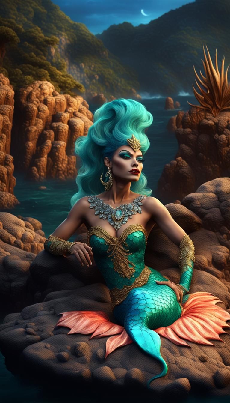 Glamorous Drag Queen Mermaid on Ocean Rock