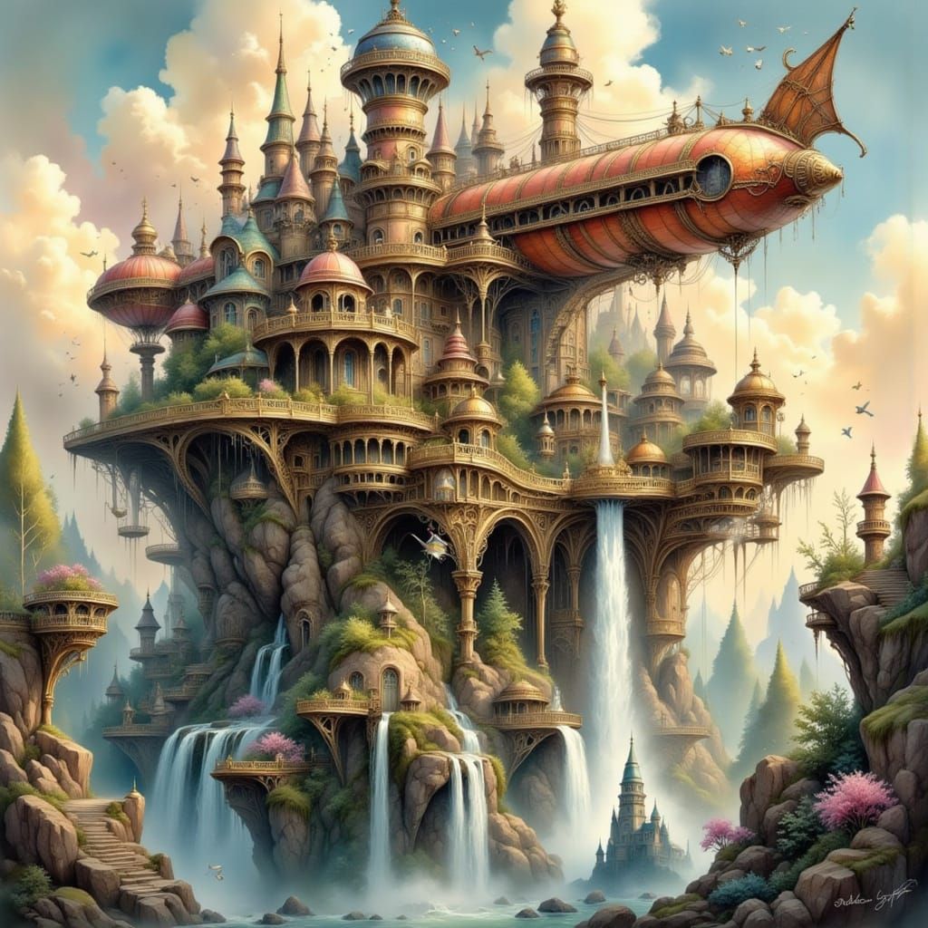 Steampunk Airship Port on Floating Island