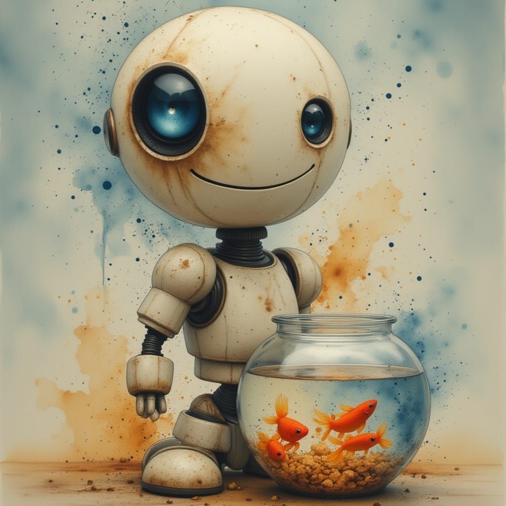 Cute Robot Holding a Fishbowl