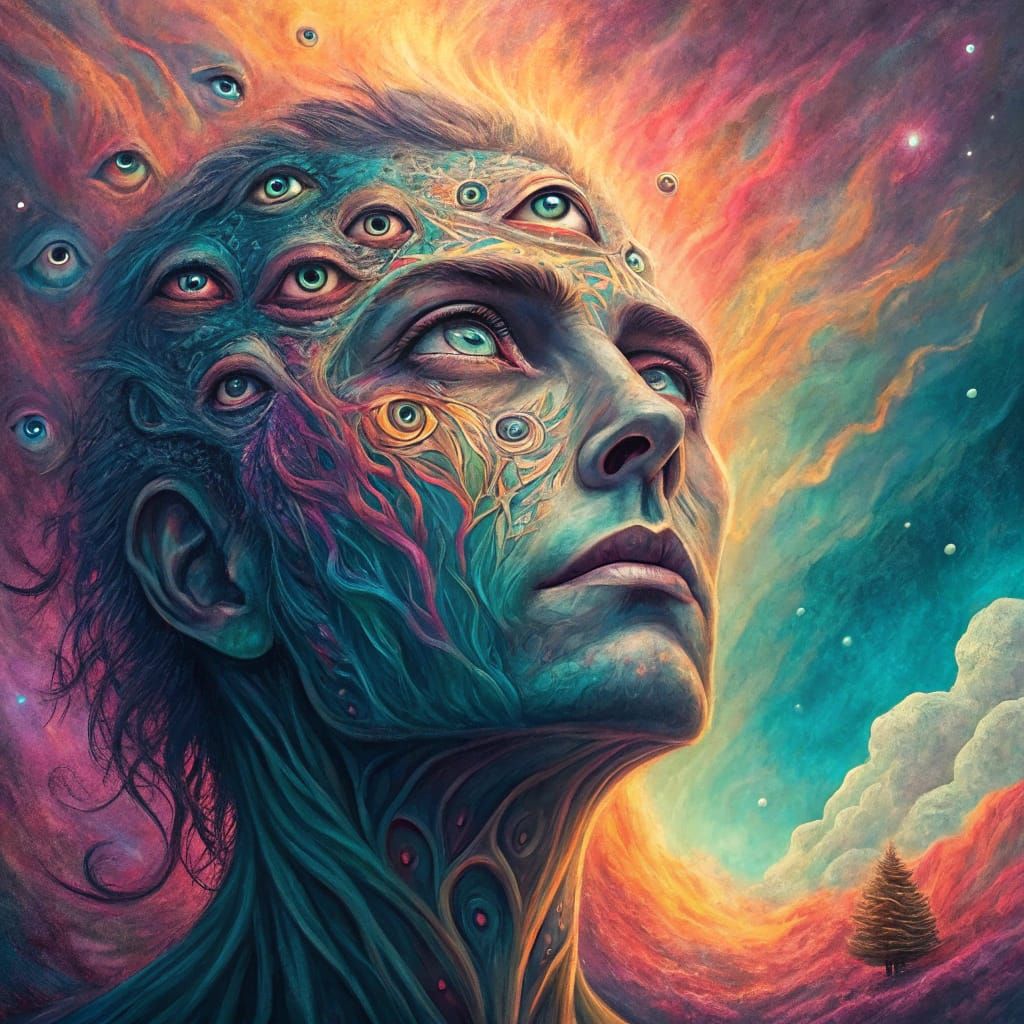 Psychedelic Melting Figure in Ethereal Landscape