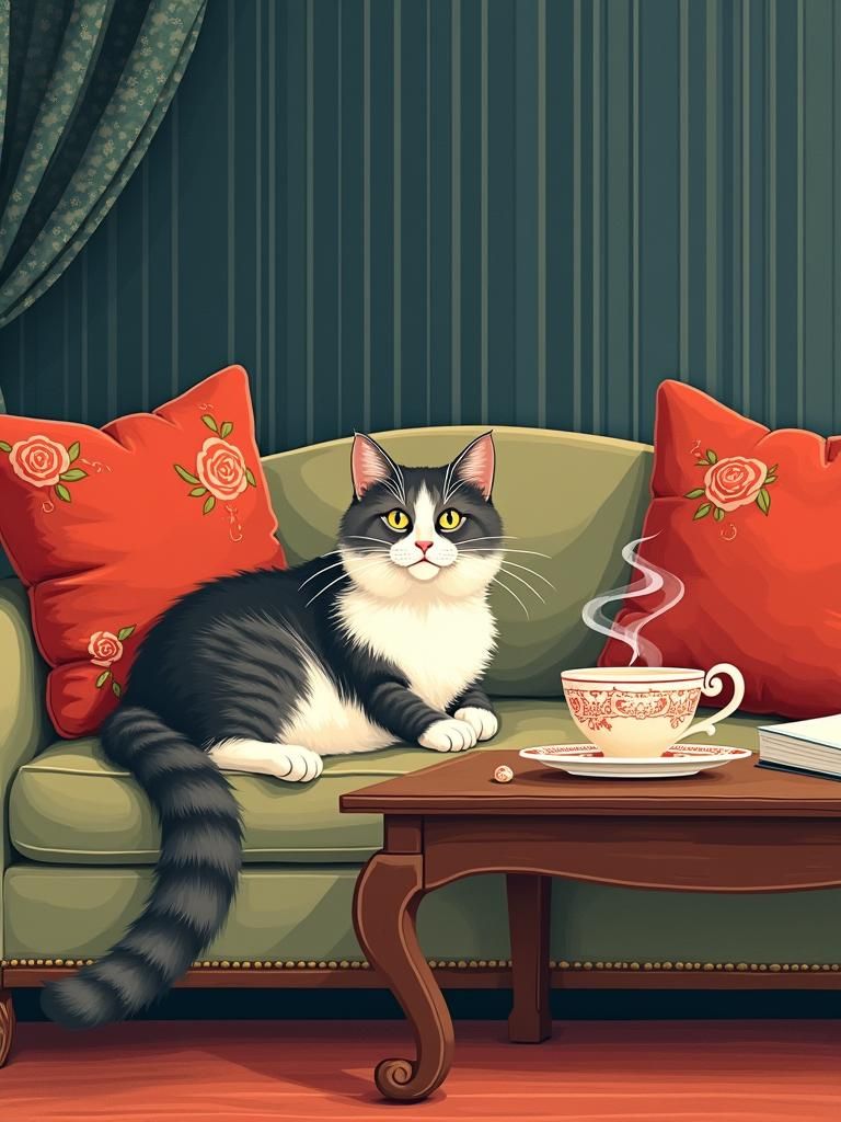 Tabby Cat Lounging, Vintage Travel Poster Style