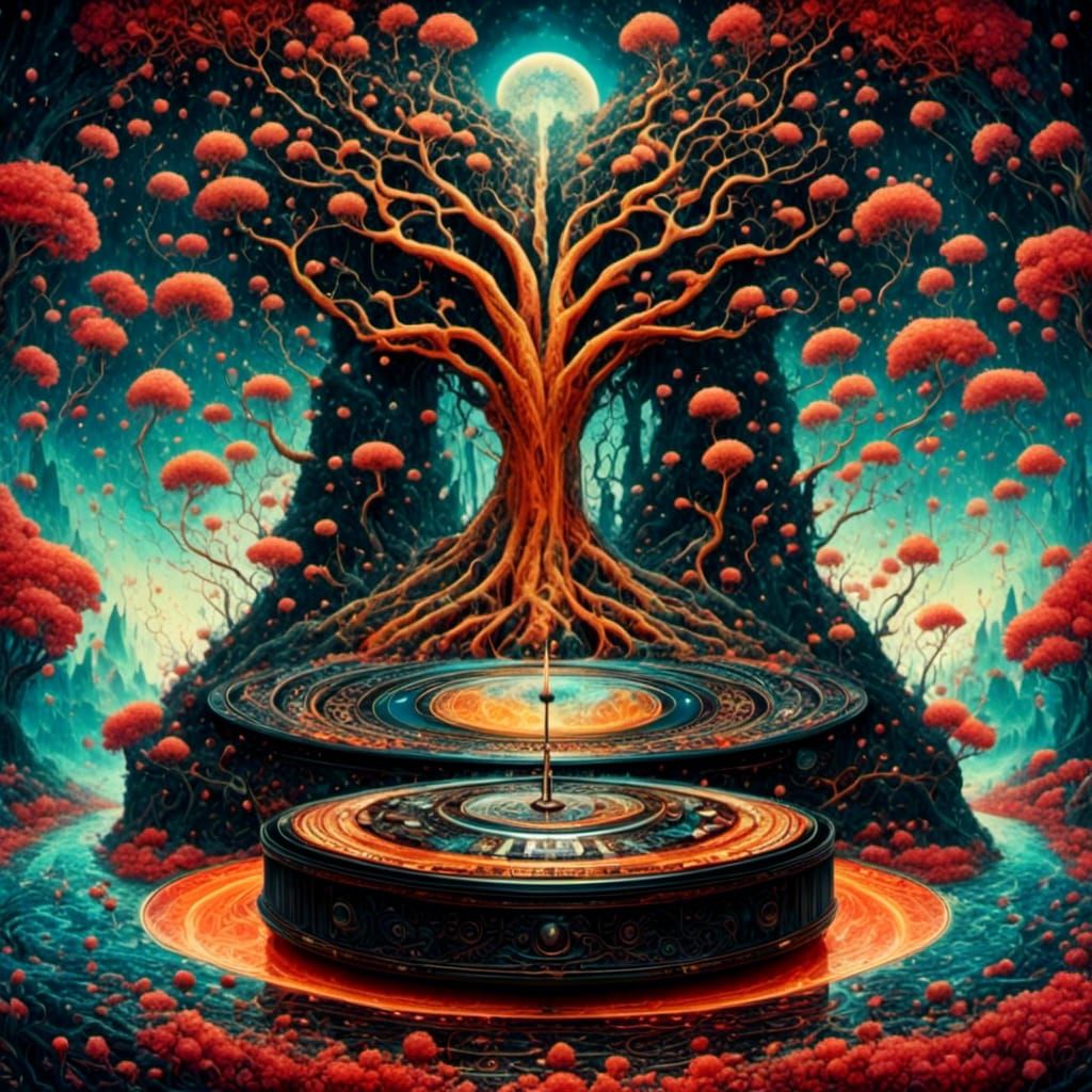 <lora:Dark fantasy:1.0> a psychedelic art piece, with trees and water, with symbolic elements,seen by a DJ in a black DJ...