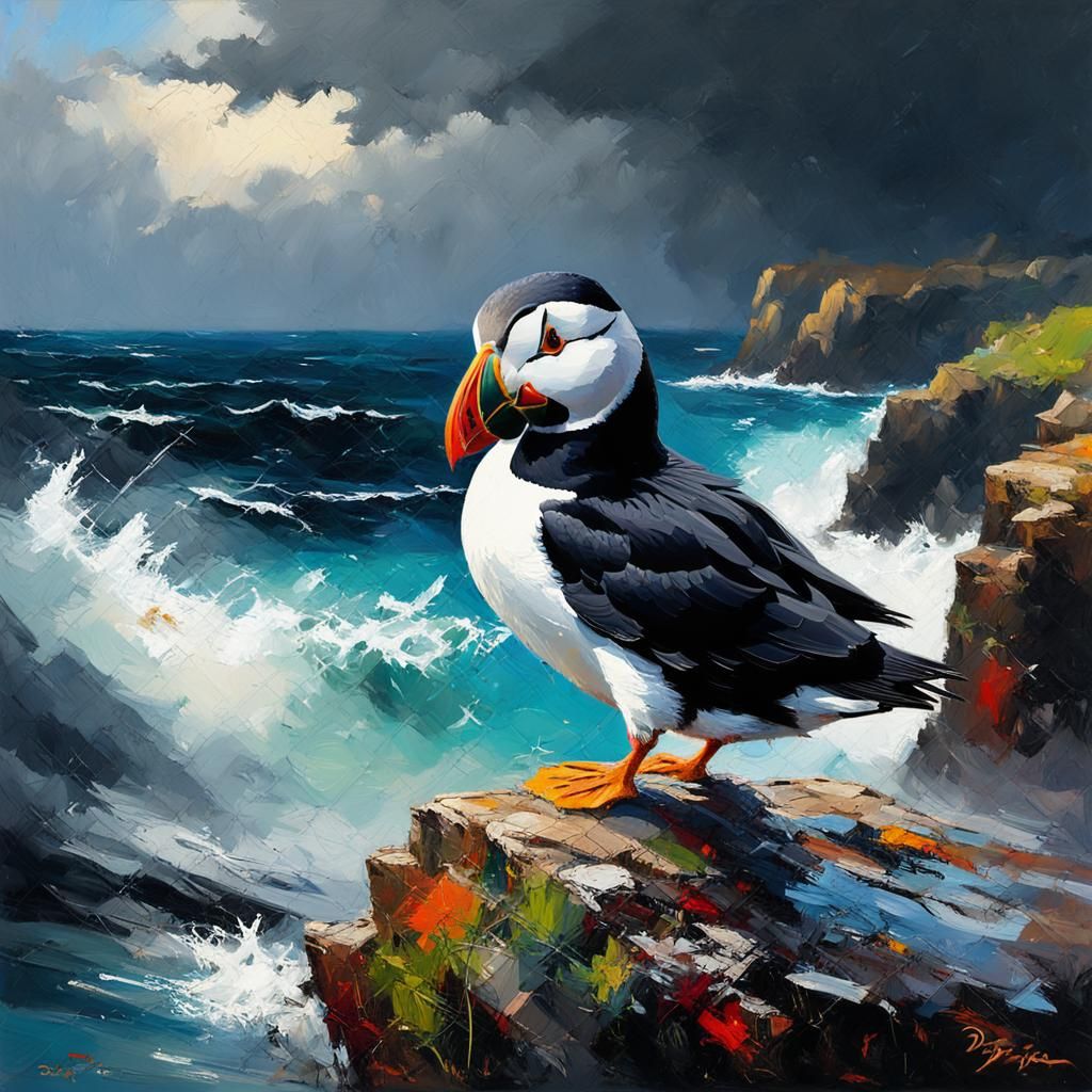 Cute Puffin on Rock, Tachisme Oil Painting