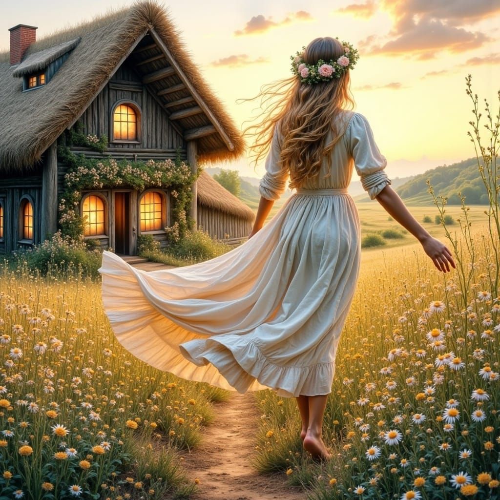 A Young Peasant Girl in an Idyllic Art Nouveau Landscape