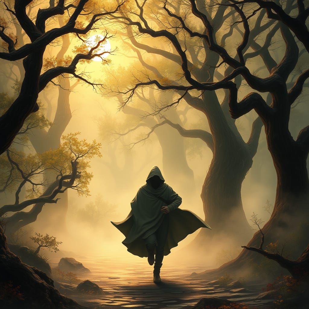 Mystical Forest Figure in Ethereal Mist at Sunset
