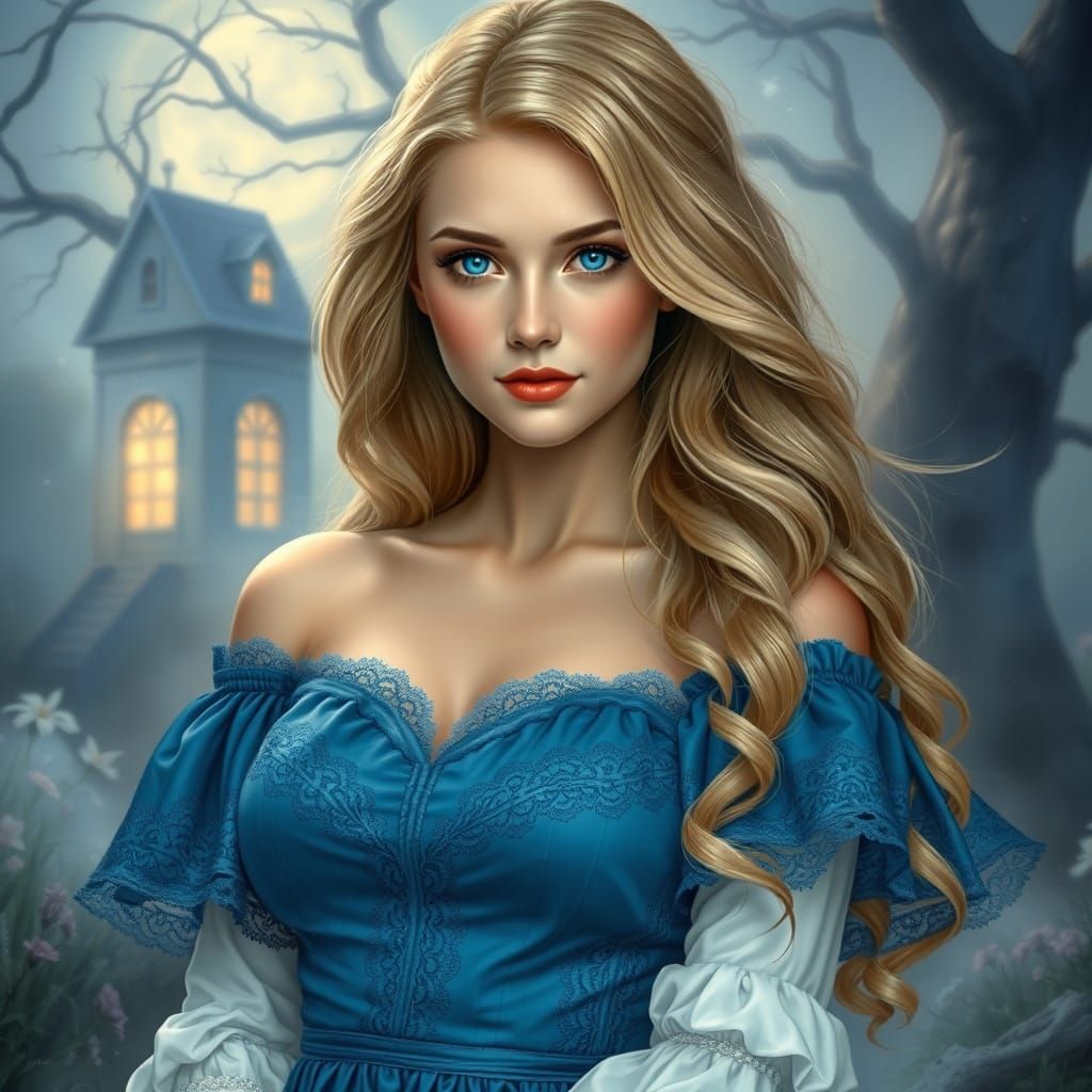 BEAUTIFUL WOMAN with long, wavy blonde hair cascading over her shoulders. She has bright blue eyes and a fair complexion...