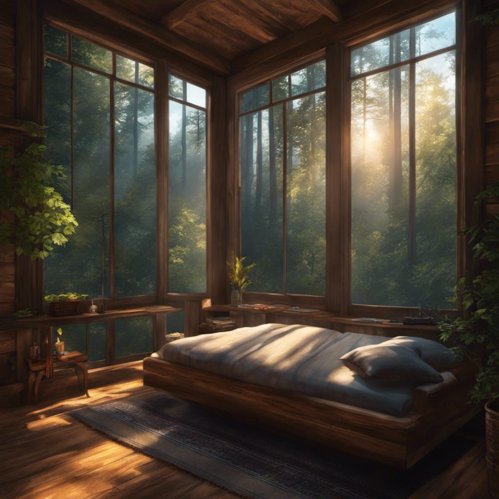 Cabin Room with Forest View in Fantasy Art Style