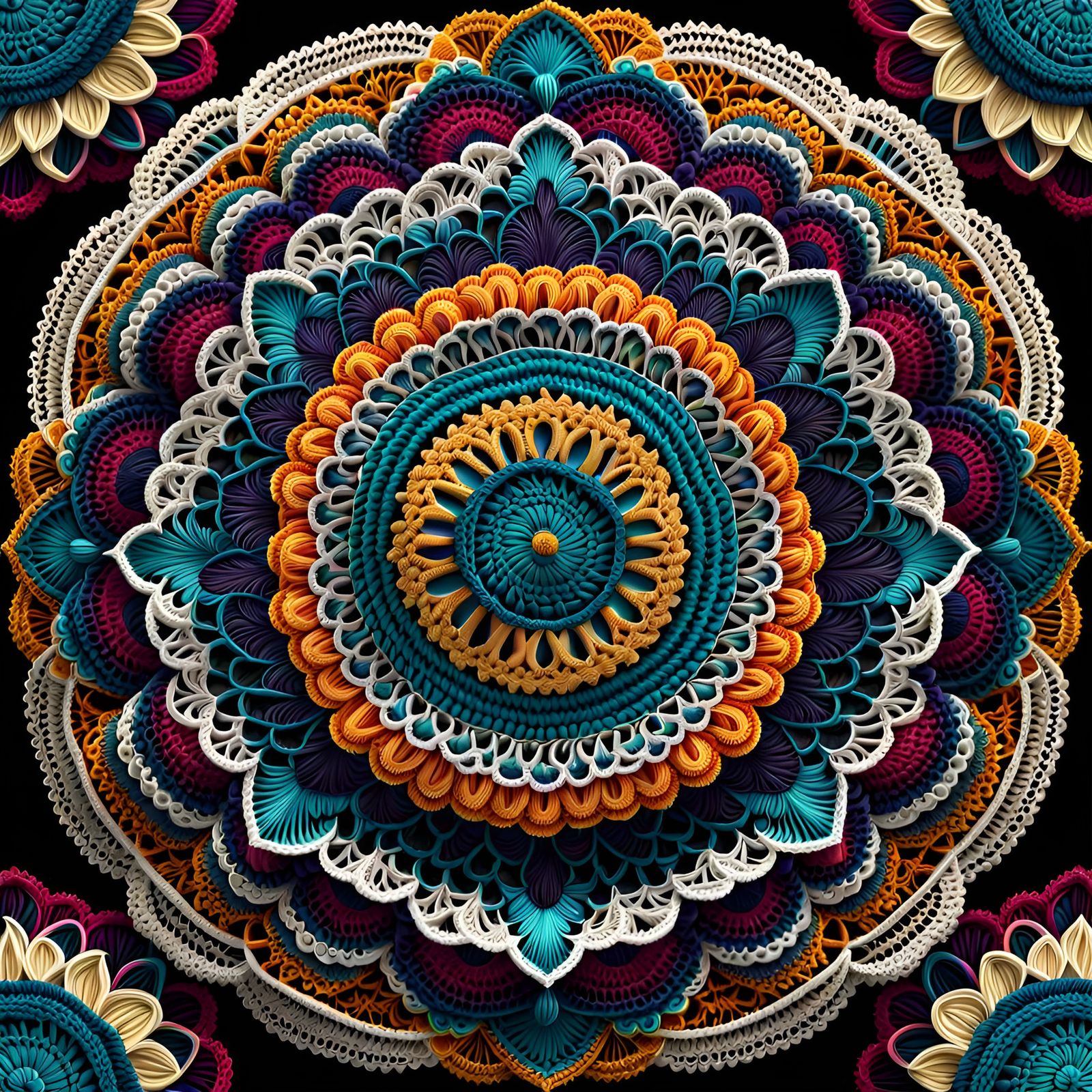 Detailed Crochet Mandala with Abstract Fractal Design