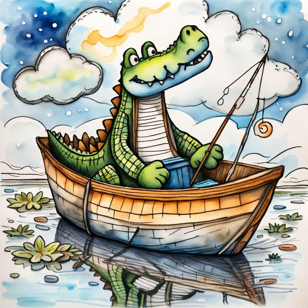 Plush Crocodile's Cozy Watercolor Fishing Trip