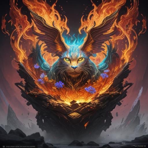 Spirit Cat Surrounded by Flowers and Flames