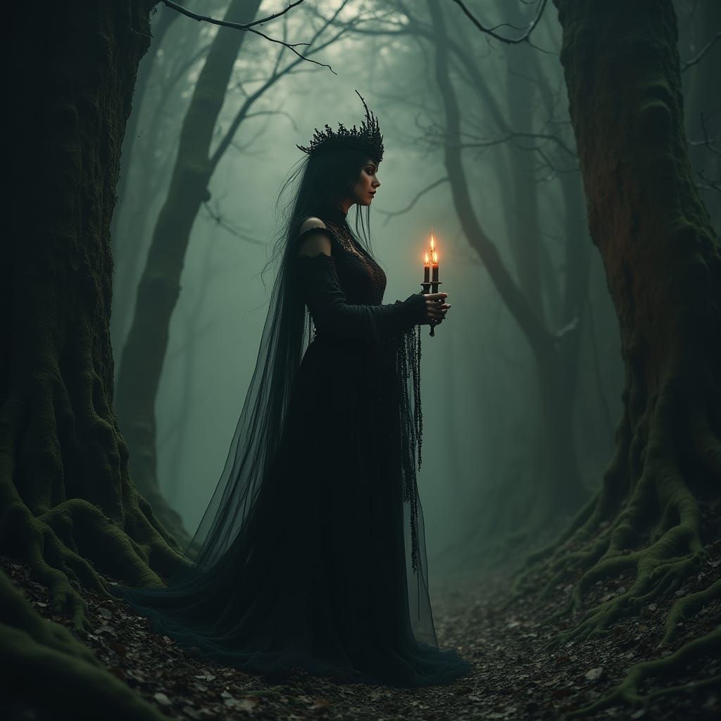 Gothic Queen in Dark, Misty Forest with Candelabras and Anci...