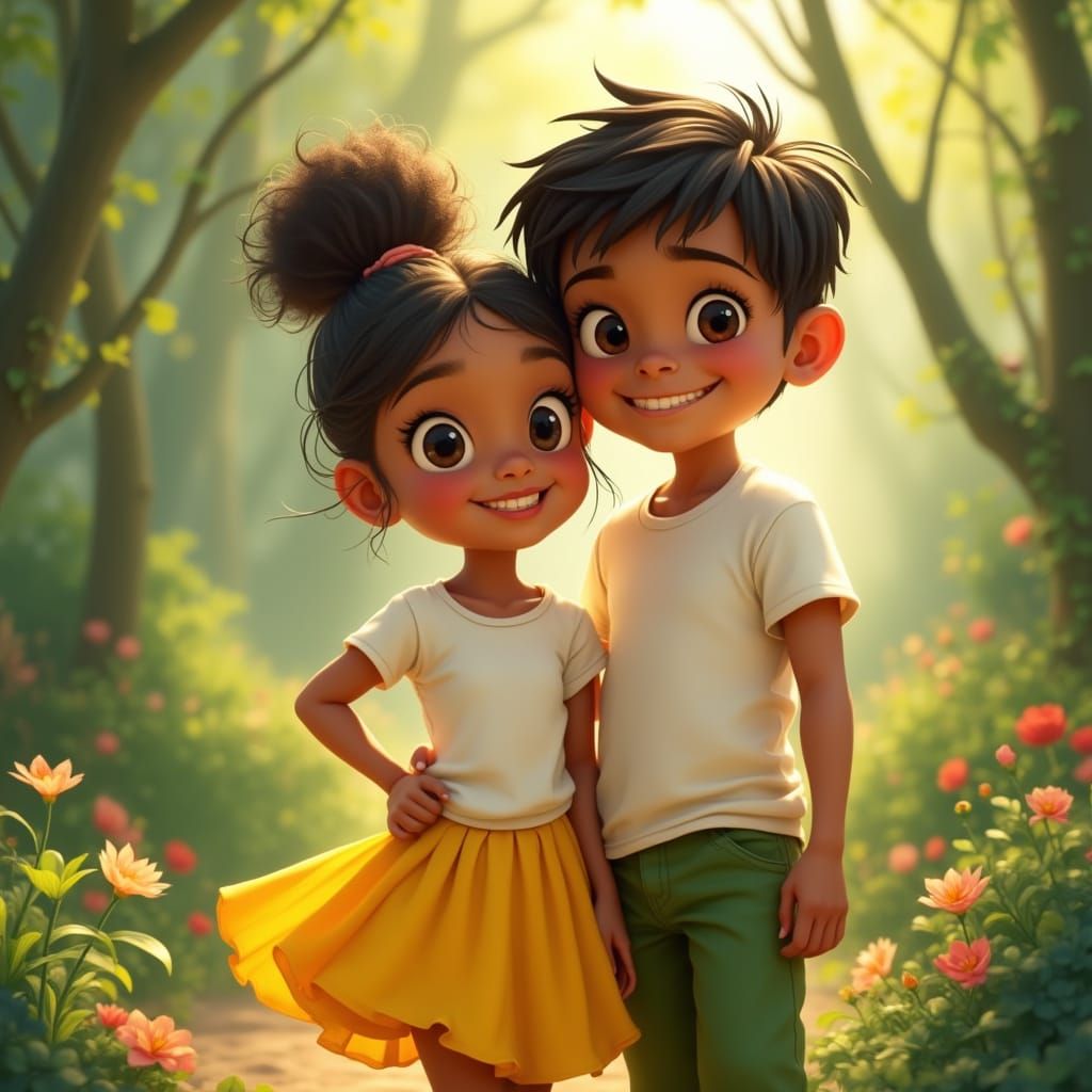 Pixar-Inspired Boy and Girl Standing Together in Vibrant Lan...