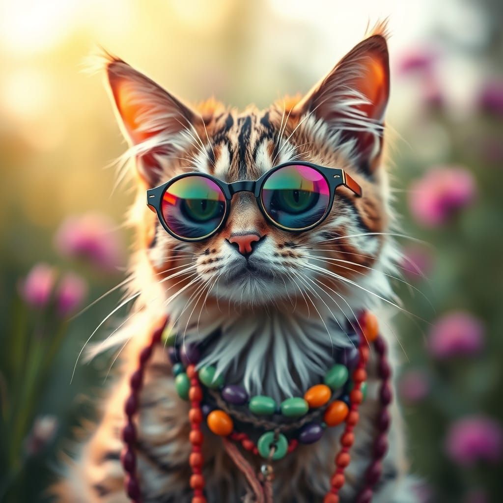 Stoned Hippie Cat Cartoon in Psychedelic Style