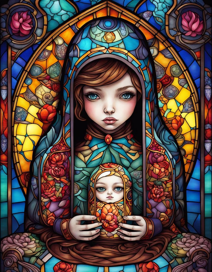 Stained Glass Alien Matryoshka Doll in Dark Tarot Style