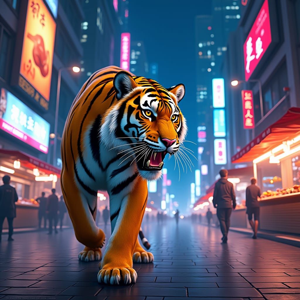 Tiger Prowls Neon Cityscape in Anime Style