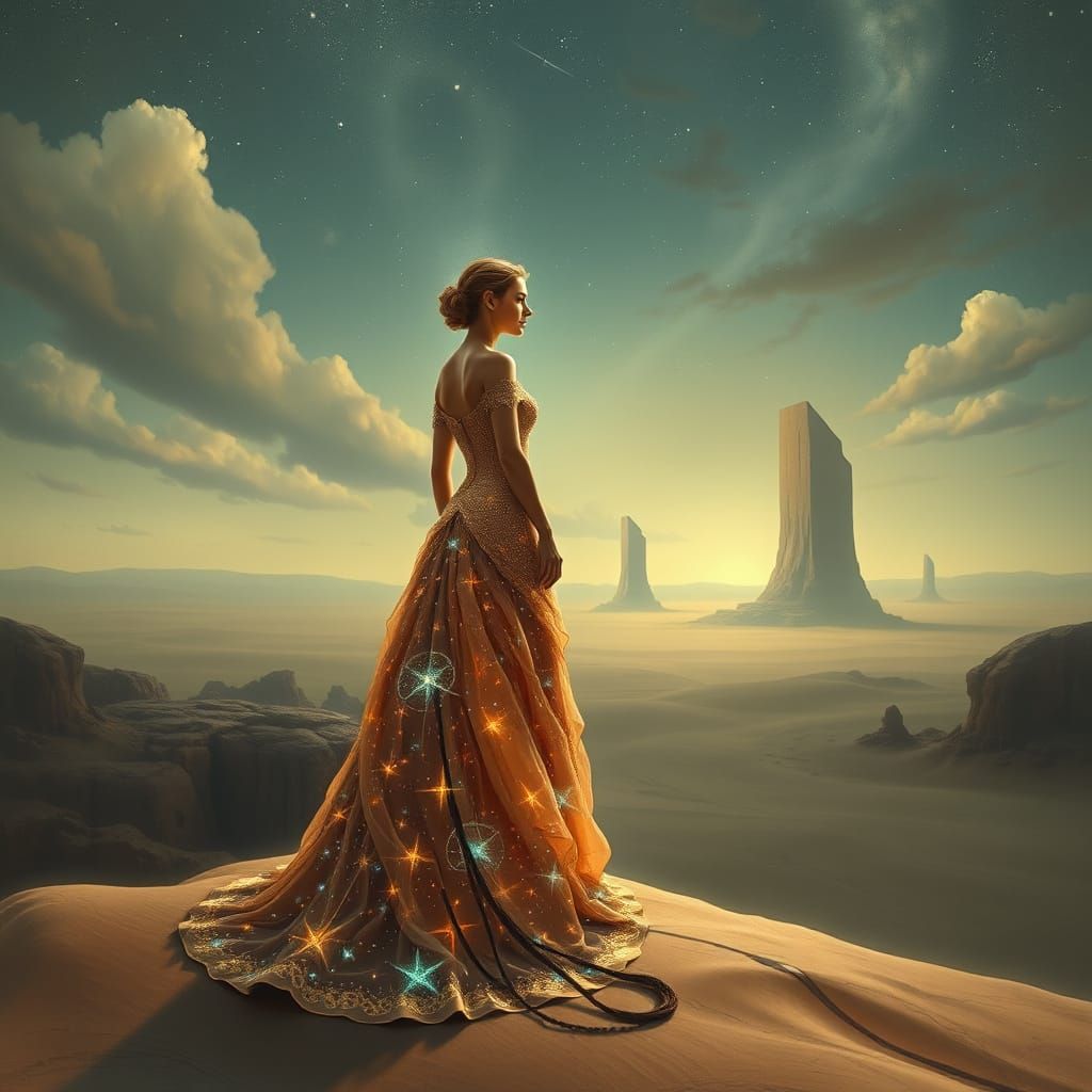 Woman in Cosmic Starlight Dress in Surreal Desert