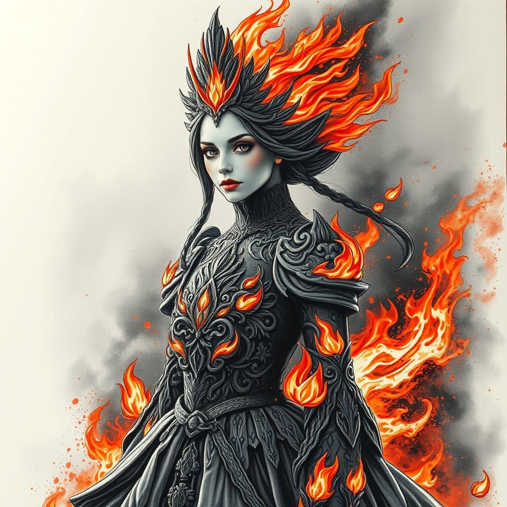 Majestic Fire Goddess in Charcoal Drawing Style